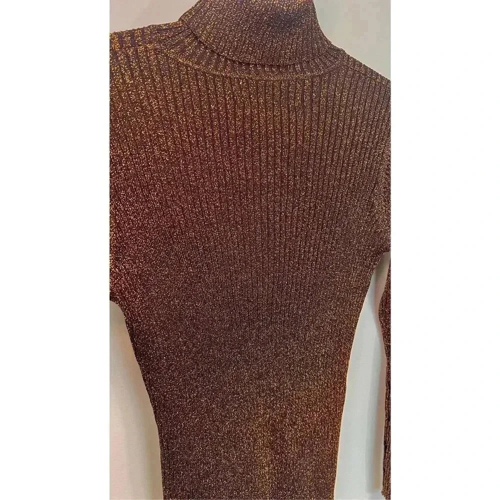Joseph A Womens Brown Gold Vintage Ribbed Knit Mock Neck Pullover Sweater Medium